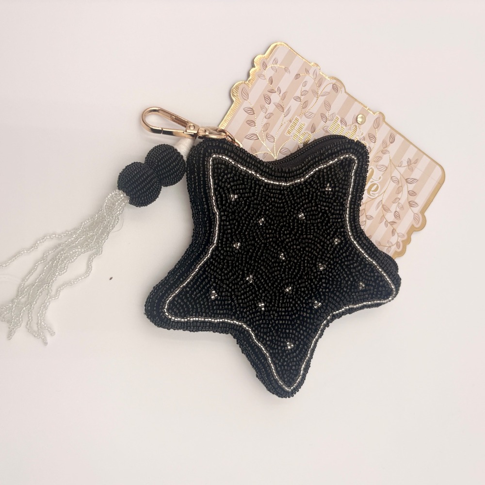 Madison Home India Handmade Beaded Star Coin‎ Purse Black Silver Tassel